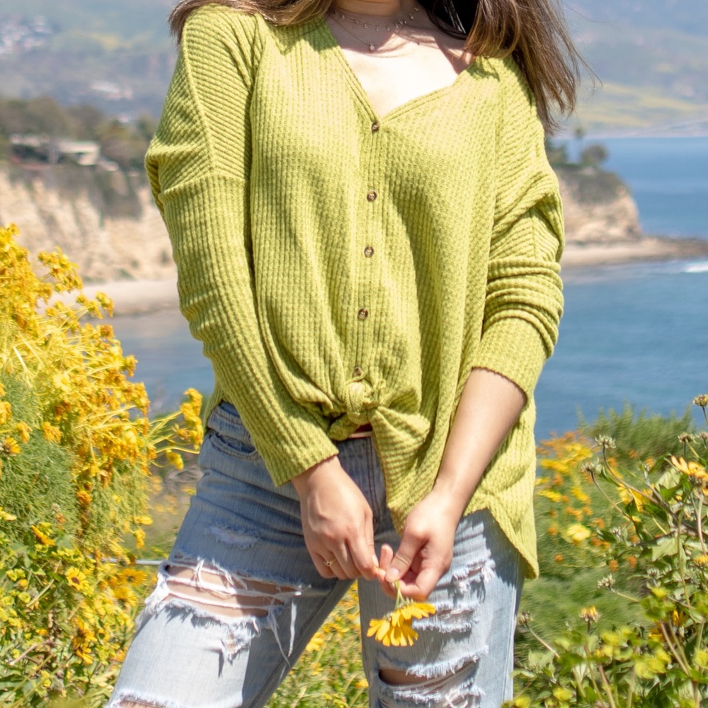 Urban Outfitters Out From Under Jojo Chartreuse Thermal Button-Front Top Size M
